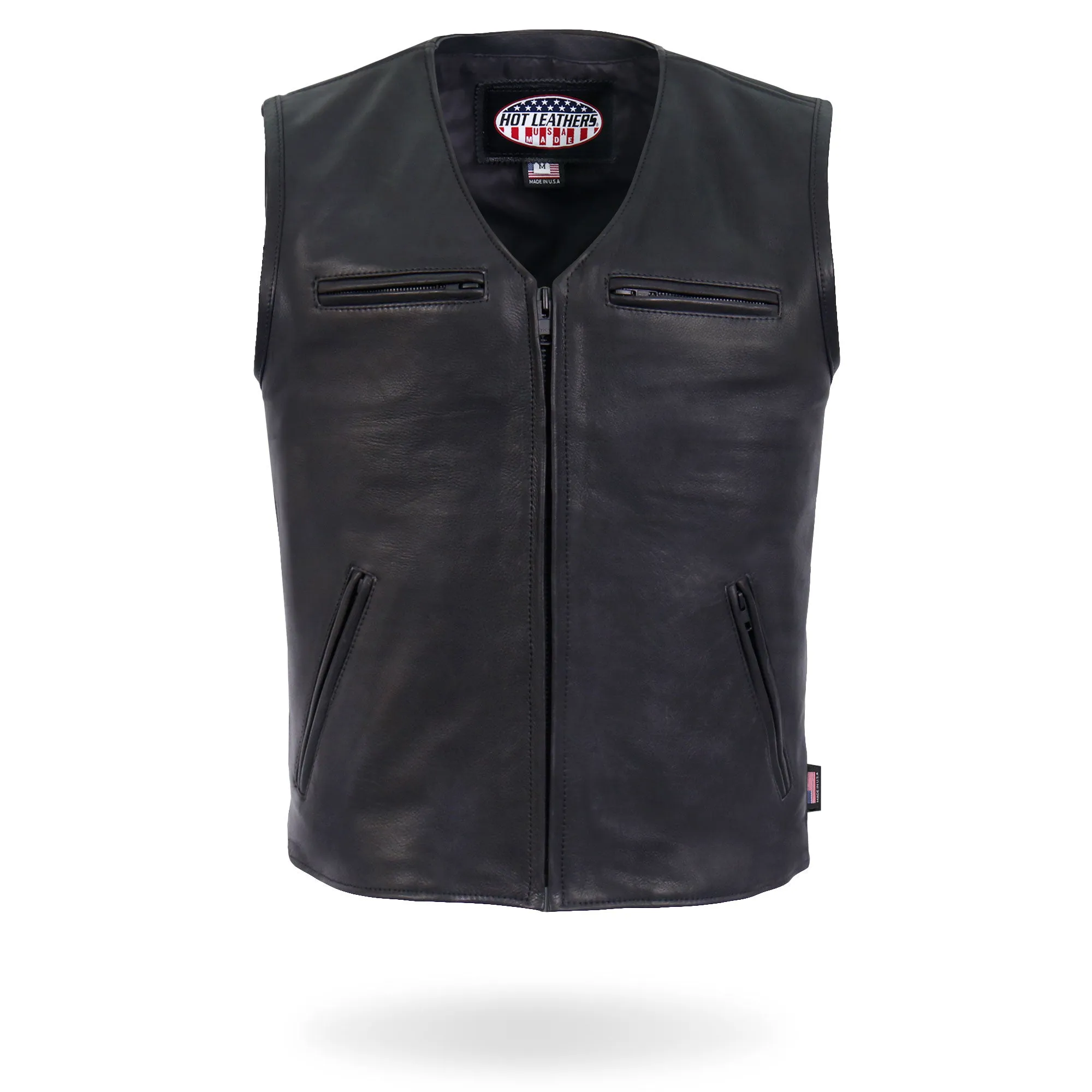 Hot Leathers Premium USA Made Leather V Neck Club Style Zipper Front Motorcycle Biker Vest