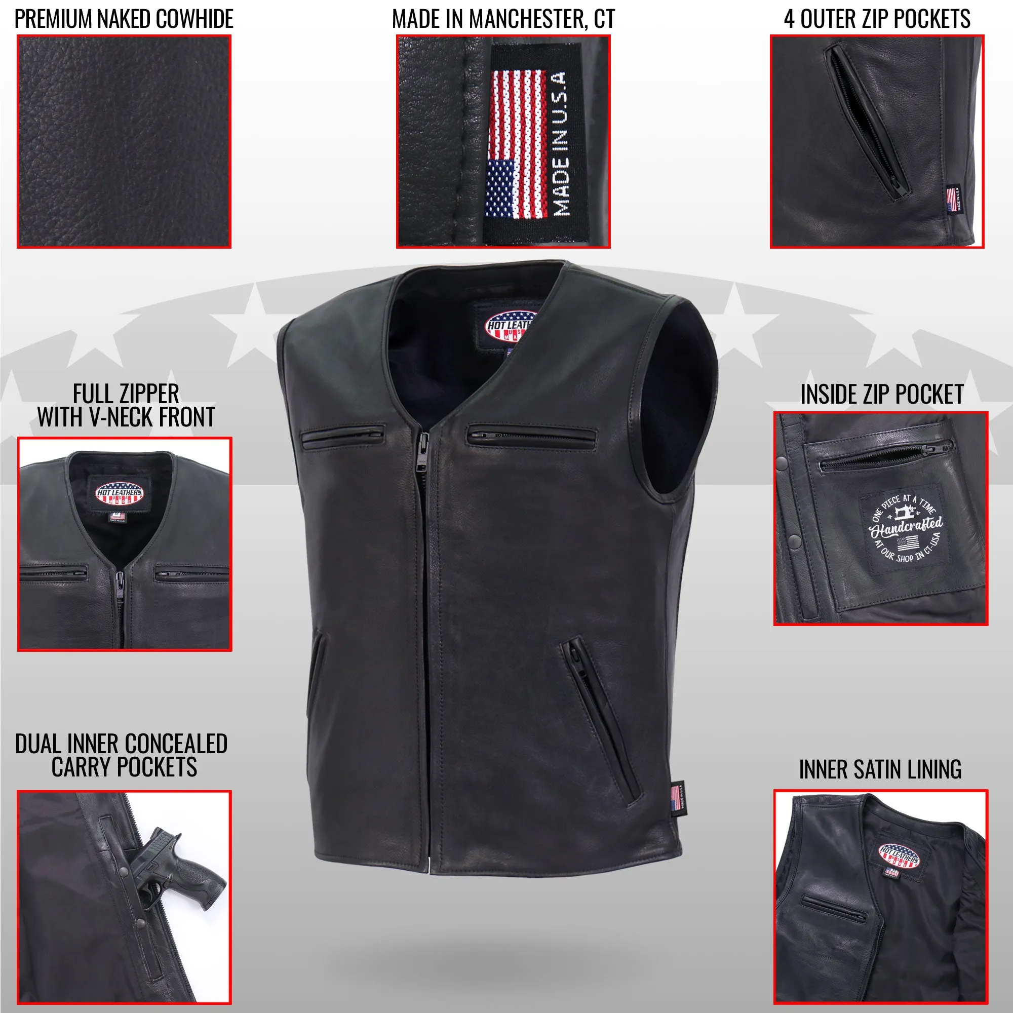 Hot Leathers Premium USA Made Leather V Neck Club Style Zipper Front Motorcycle Biker Vest