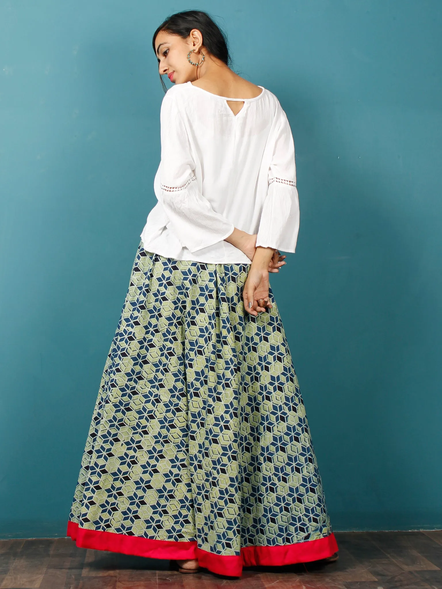 Indigo Green Black Hand Block Printed Skirt With Magenta Border  - S40F683