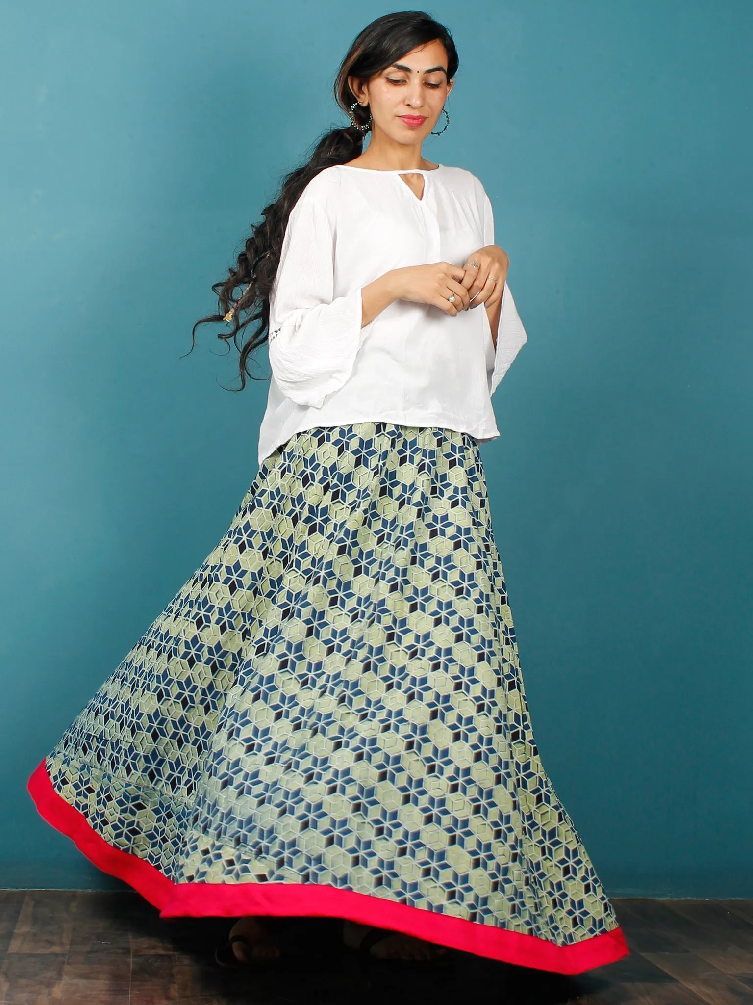 Indigo Green Black Hand Block Printed Skirt With Magenta Border  - S40F683