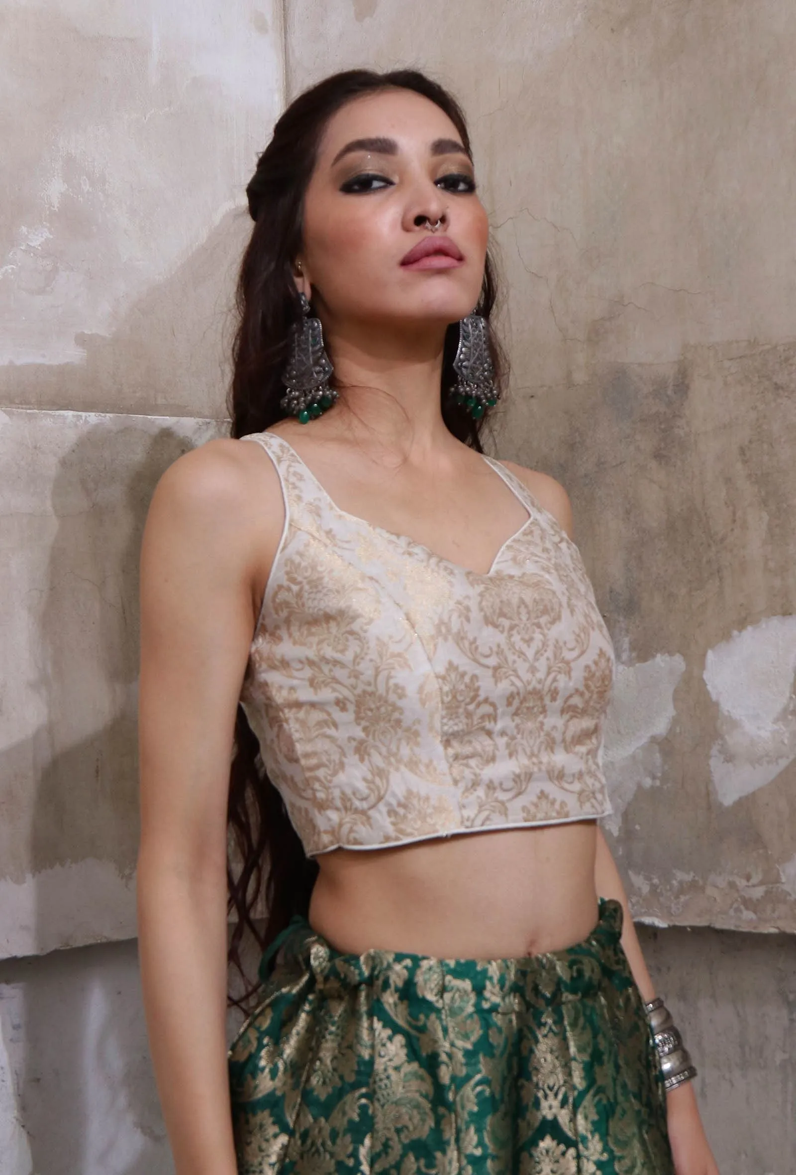 Ivory Banarasi Jacquard Crop Top With Tassels