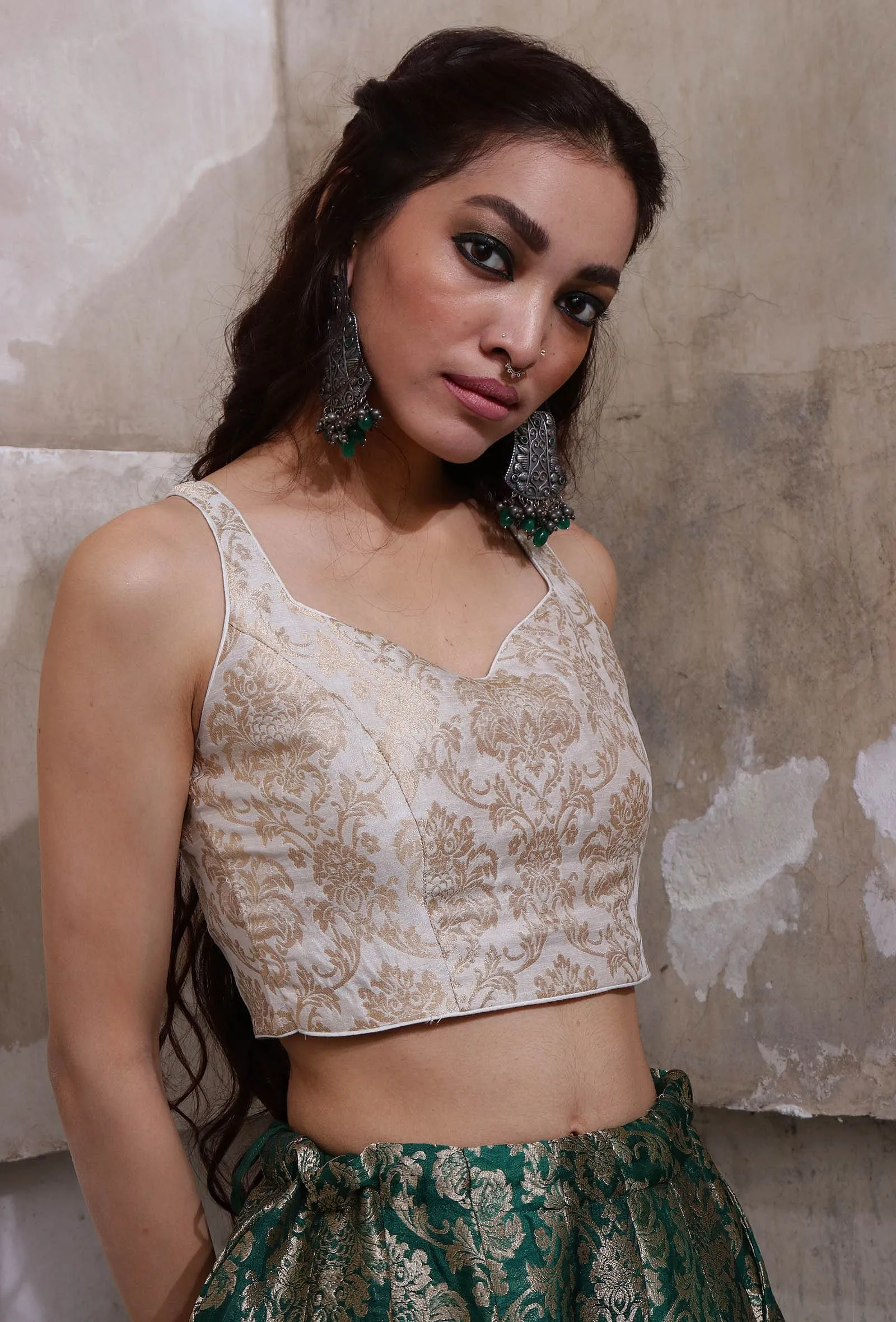 Ivory Banarasi Jacquard Crop Top With Tassels