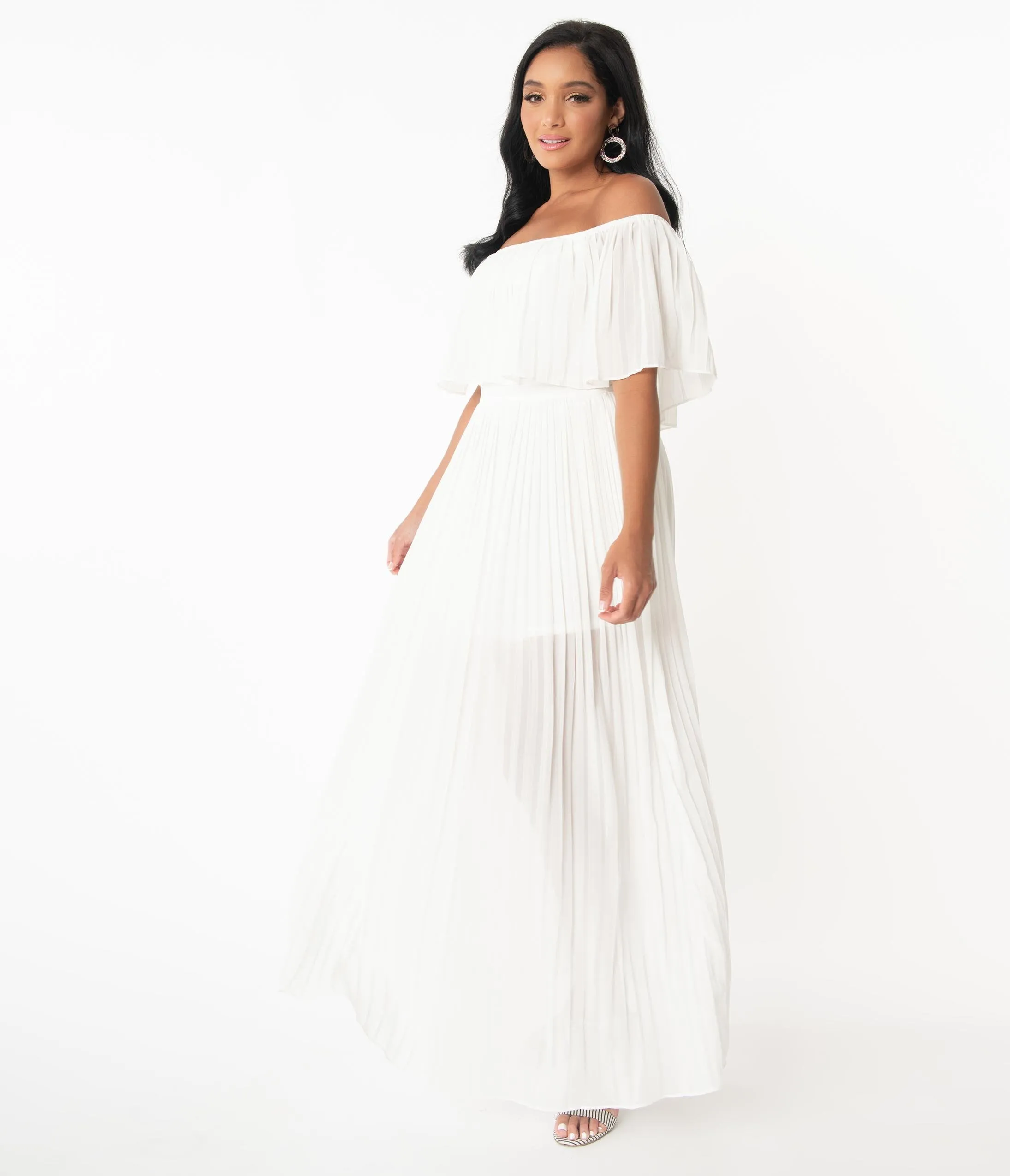 Ivory Off Shoulder Pleated Maxi Dress