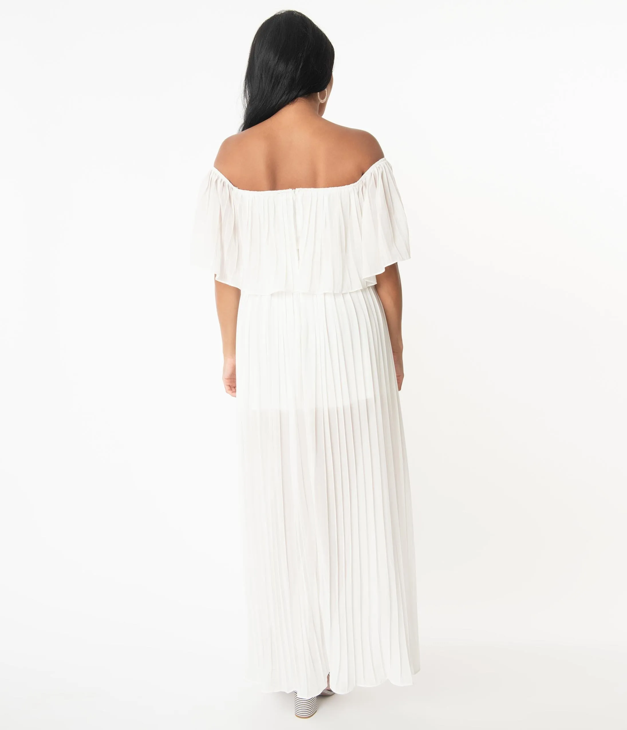 Ivory Off Shoulder Pleated Maxi Dress