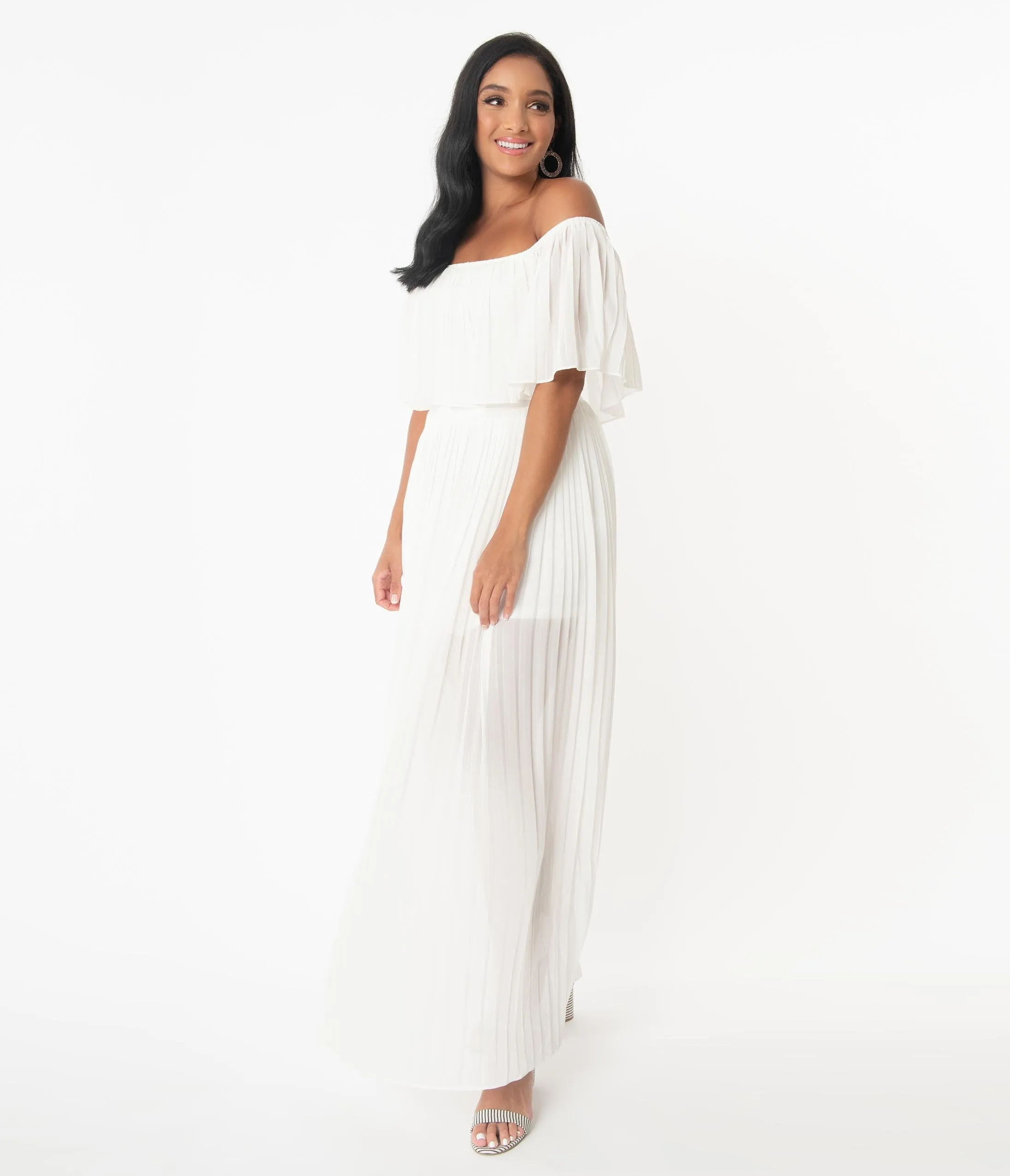 Ivory Off Shoulder Pleated Maxi Dress