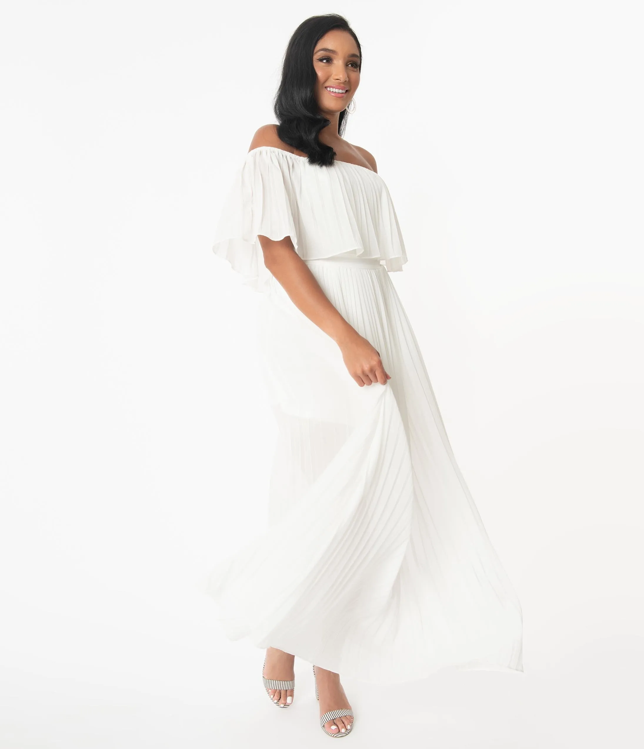 Ivory Off Shoulder Pleated Maxi Dress