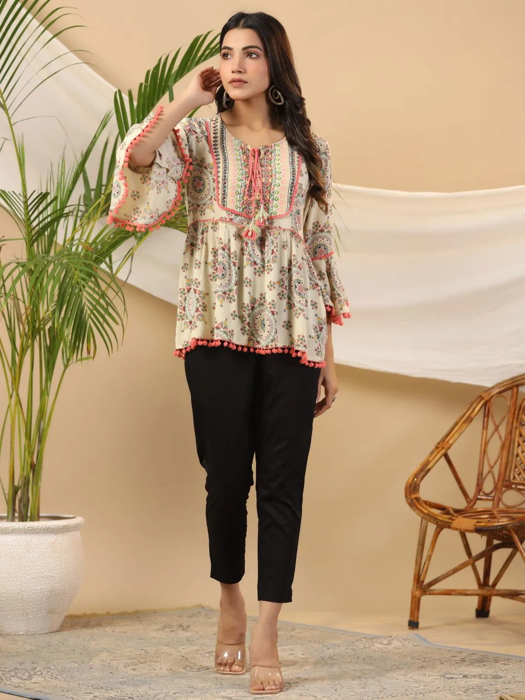 Jashvi Green Ethnic Motif Printed Rayon Crepe Tunic With Beads Work