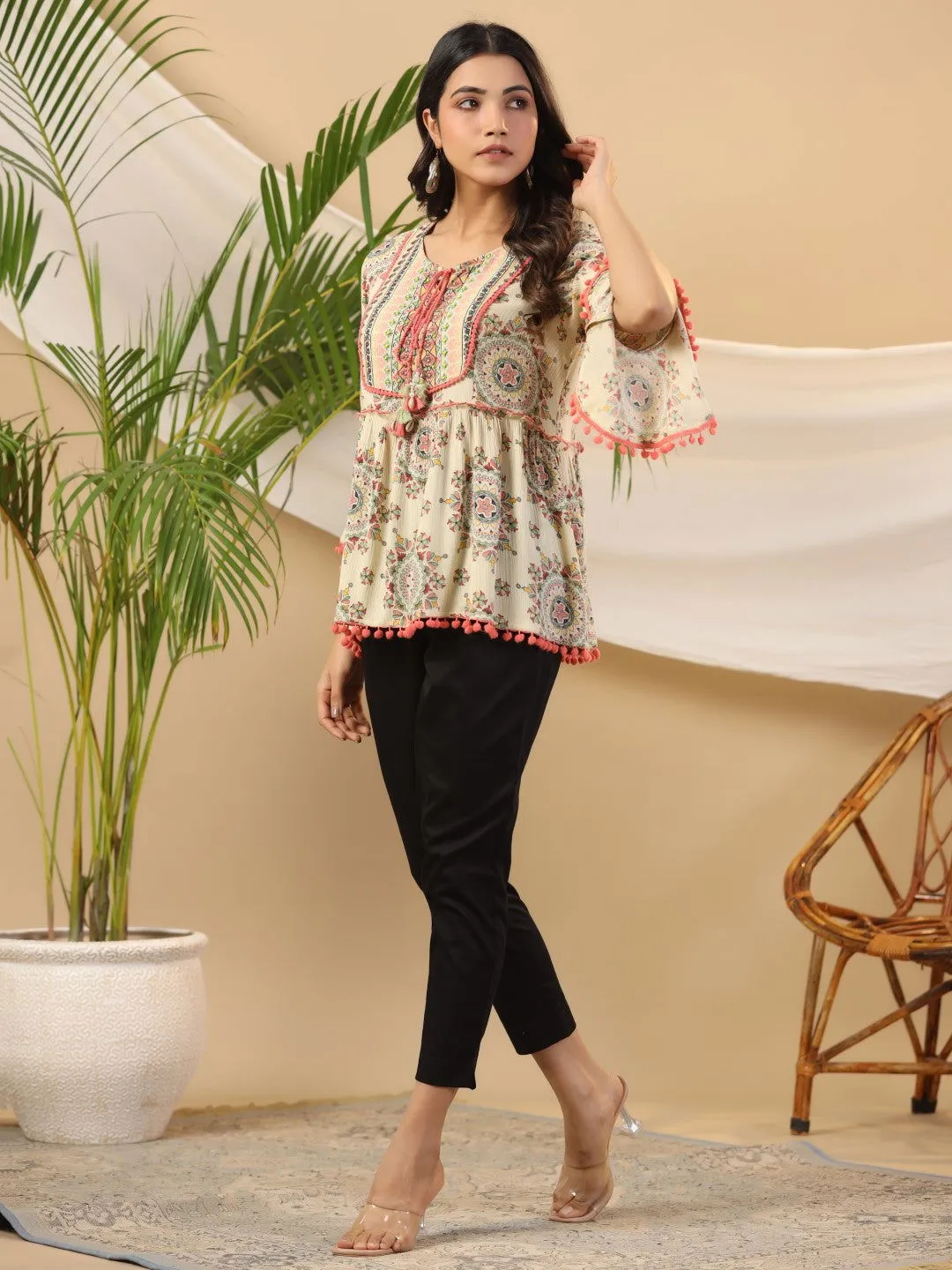 Jashvi Green Ethnic Motif Printed Rayon Crepe Tunic With Beads Work