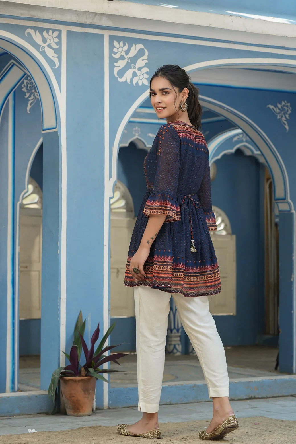 Jashvi Indigo Geometric Printed Georgette Peplum Tunic With Tassels