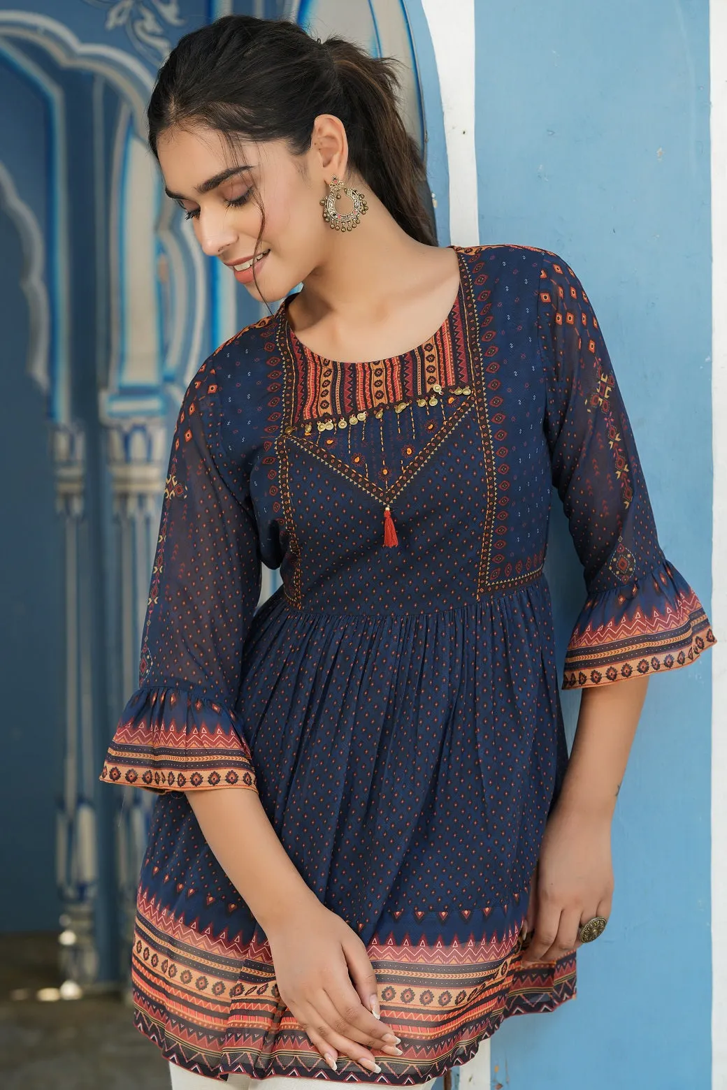 Jashvi Indigo Geometric Printed Georgette Peplum Tunic With Tassels