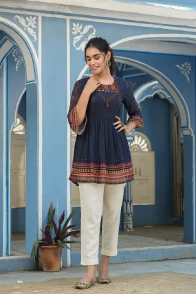 Jashvi Indigo Geometric Printed Georgette Peplum Tunic With Tassels