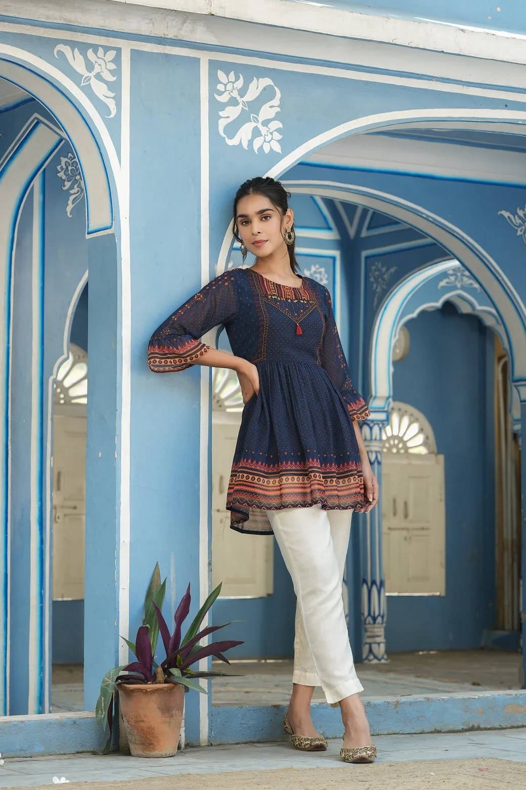 Jashvi Indigo Geometric Printed Georgette Peplum Tunic With Tassels