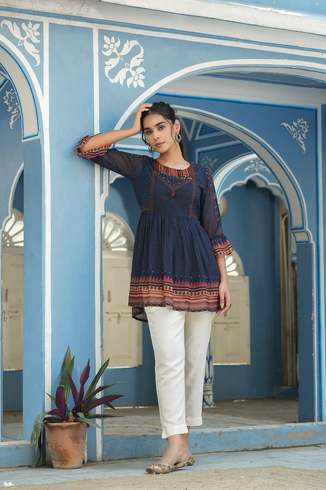 Jashvi Indigo Geometric Printed Georgette Peplum Tunic With Tassels