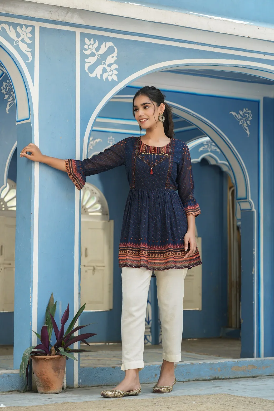 Jashvi Indigo Geometric Printed Georgette Peplum Tunic With Tassels