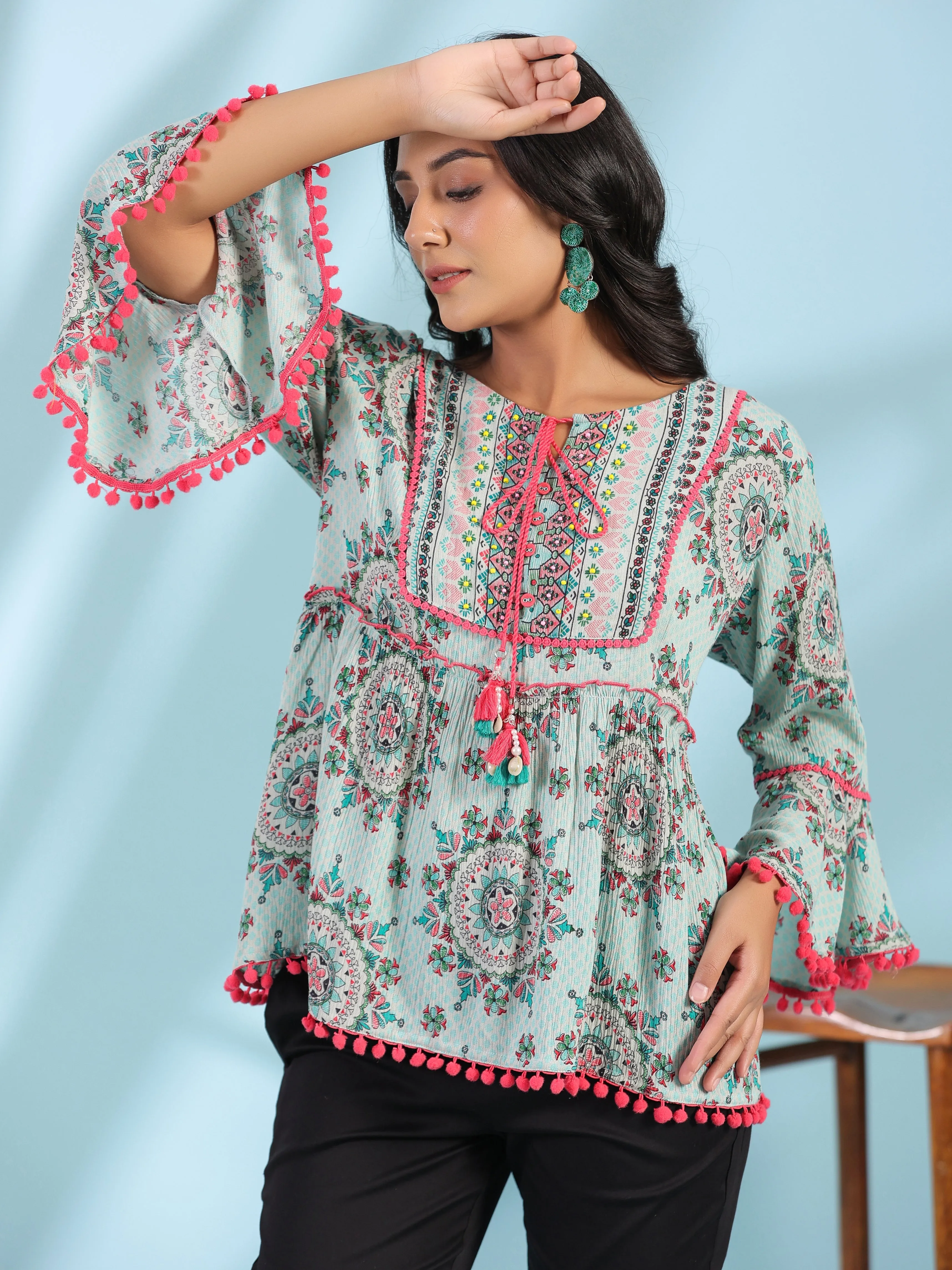 Jashvi Mint Women Rayon Crepe Ethnic Motif Printed Peplum Tunic With Beadwork