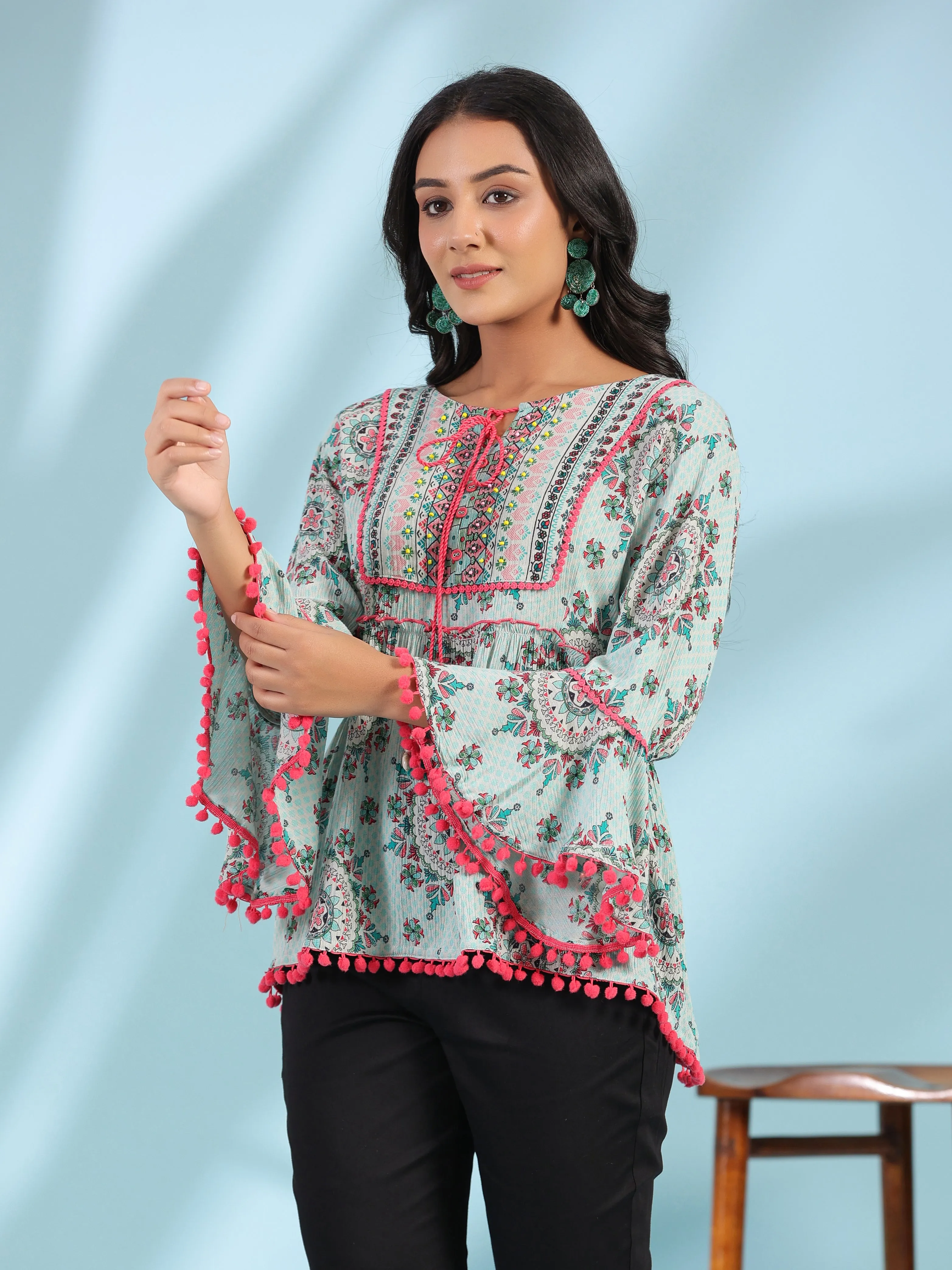 Jashvi Mint Women Rayon Crepe Ethnic Motif Printed Peplum Tunic With Beadwork