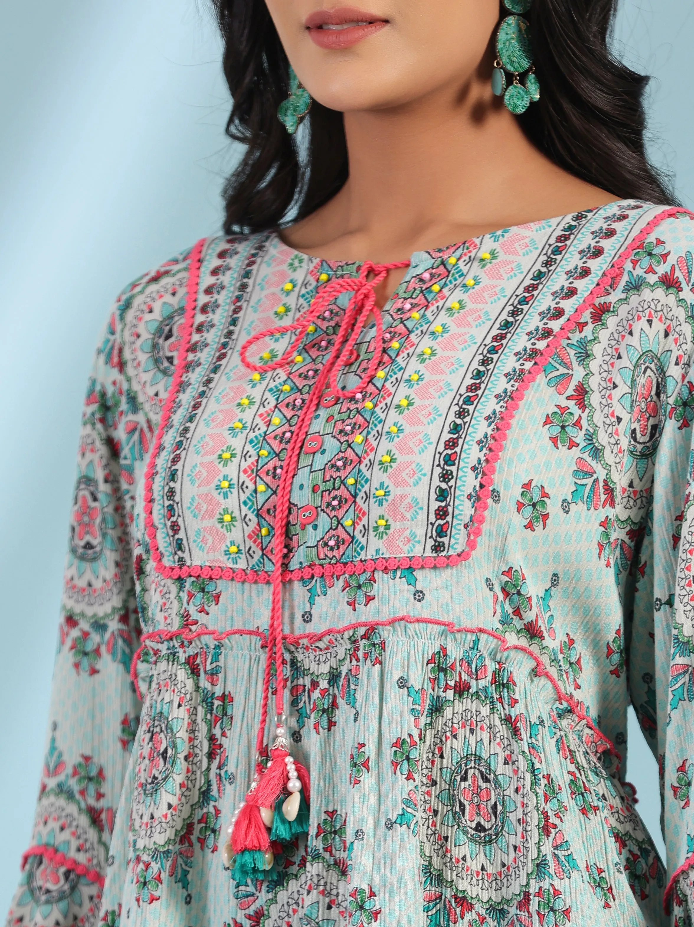 Jashvi Mint Women Rayon Crepe Ethnic Motif Printed Peplum Tunic With Beadwork