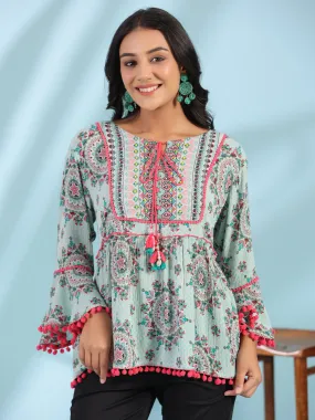 Jashvi Mint Women Rayon Crepe Ethnic Motif Printed Peplum Tunic With Beadwork