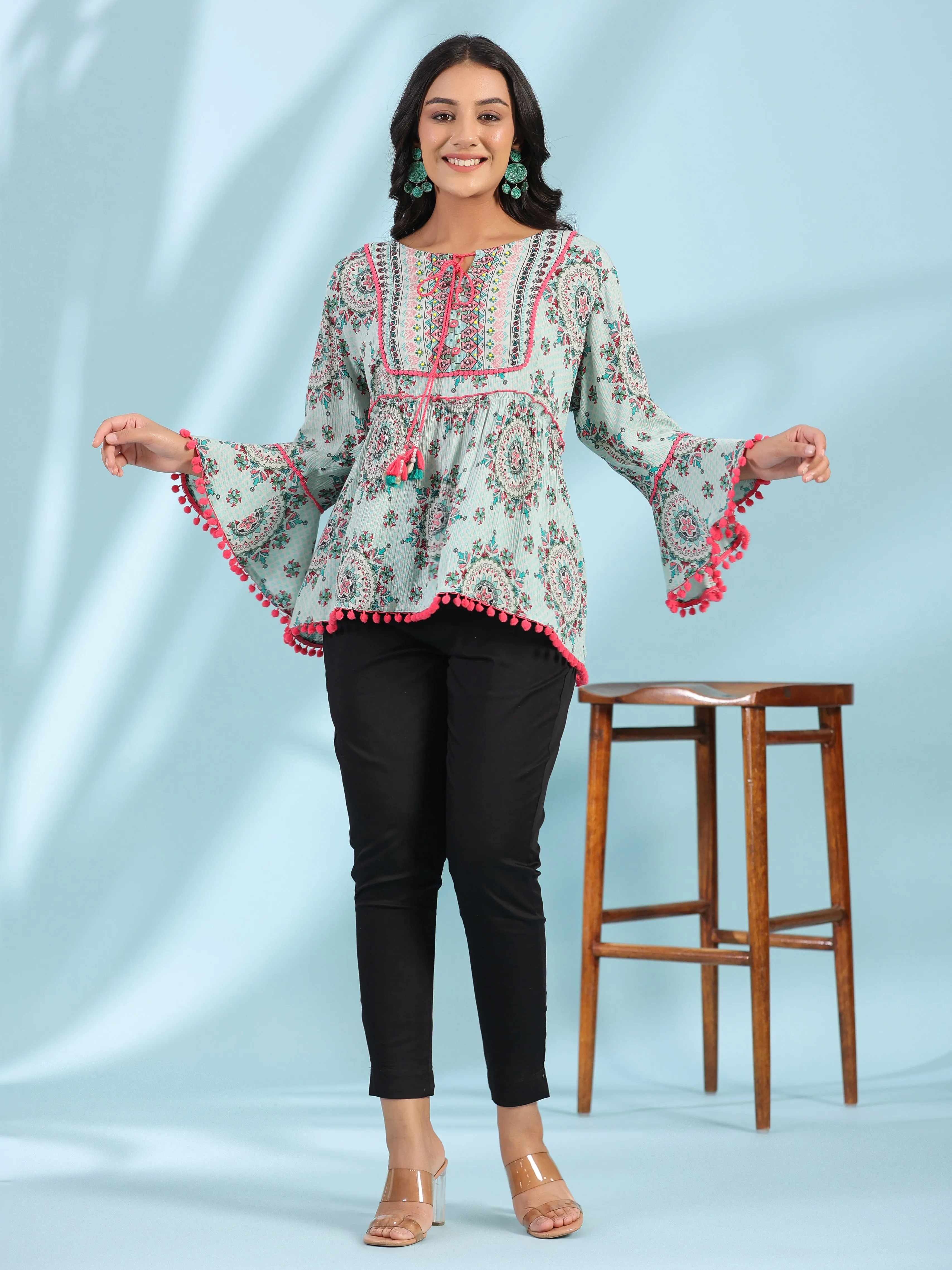 Jashvi Mint Women Rayon Crepe Ethnic Motif Printed Peplum Tunic With Beadwork