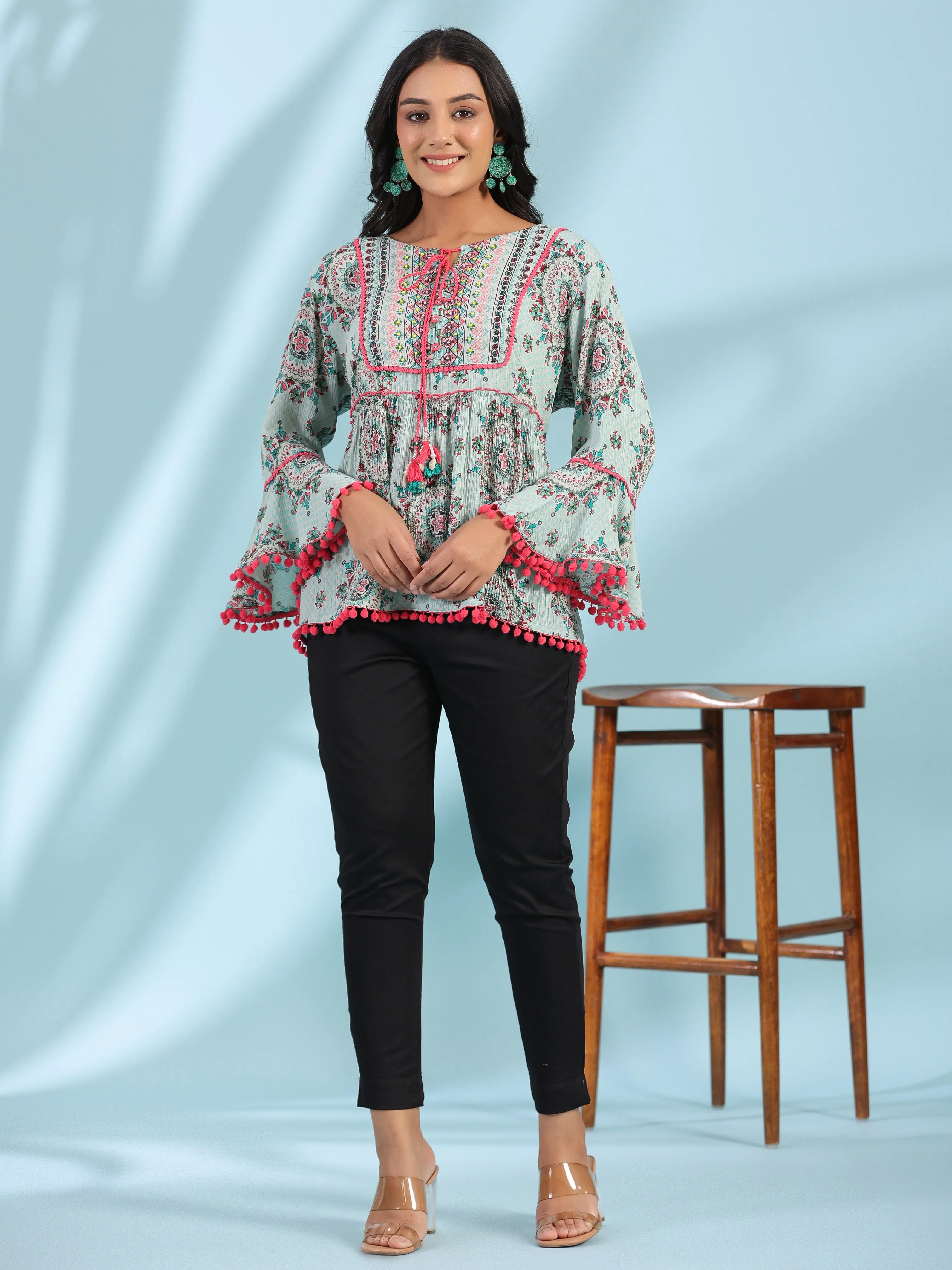 Jashvi Mint Women Rayon Crepe Ethnic Motif Printed Peplum Tunic With Beadwork