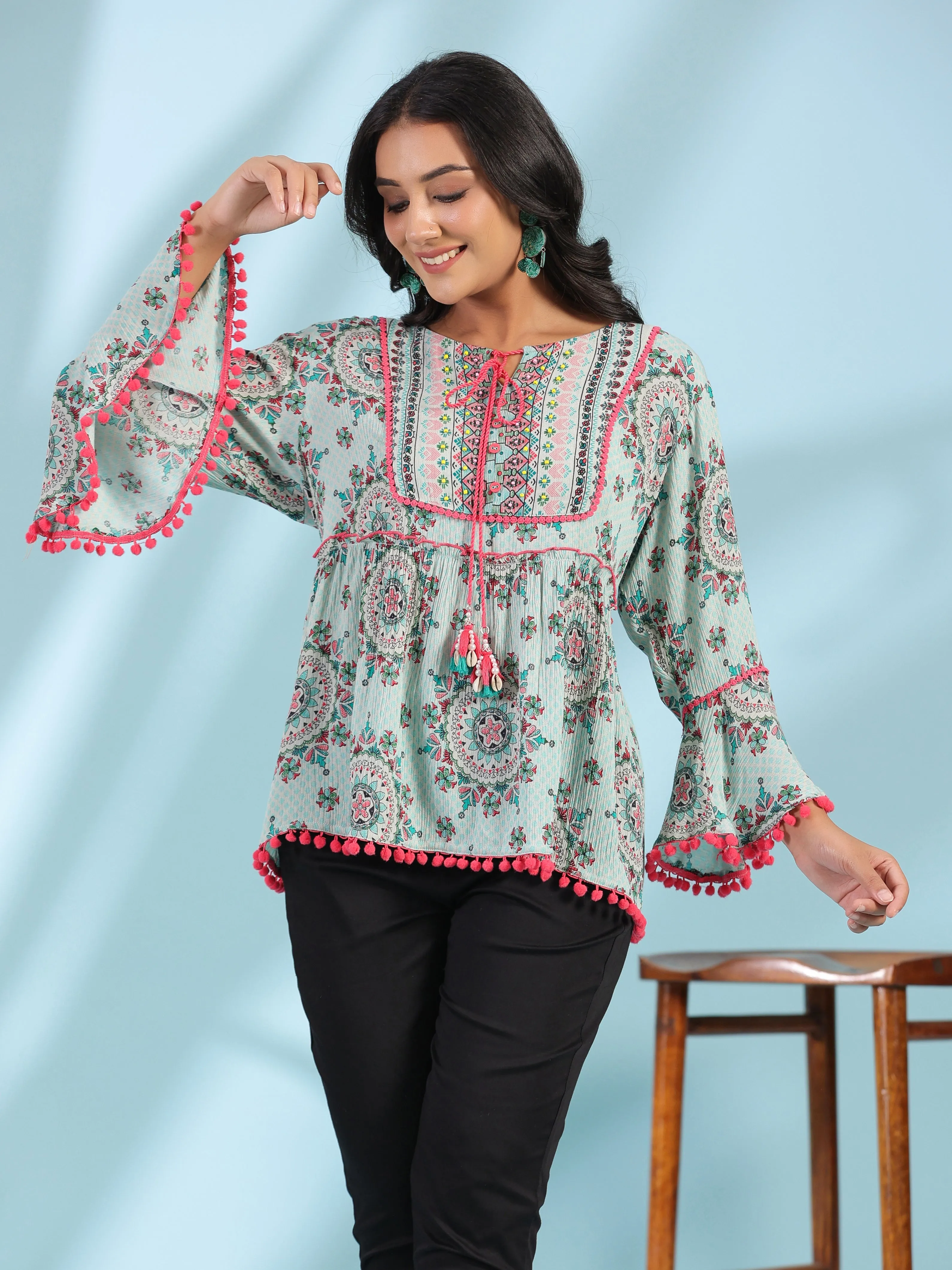 Jashvi Mint Women Rayon Crepe Ethnic Motif Printed Peplum Tunic With Beadwork