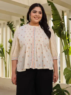 Jashvi Off-White Ethnic Motif Printed Cotton Plus Size High-Low Tunic With Pintucks & Lace