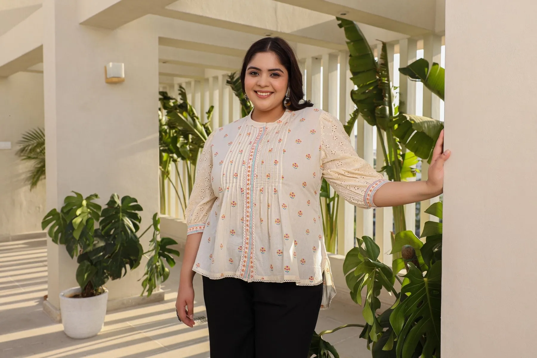 Jashvi Off-White Ethnic Motif Printed Cotton Plus Size High-Low Tunic With Pintucks & Lace