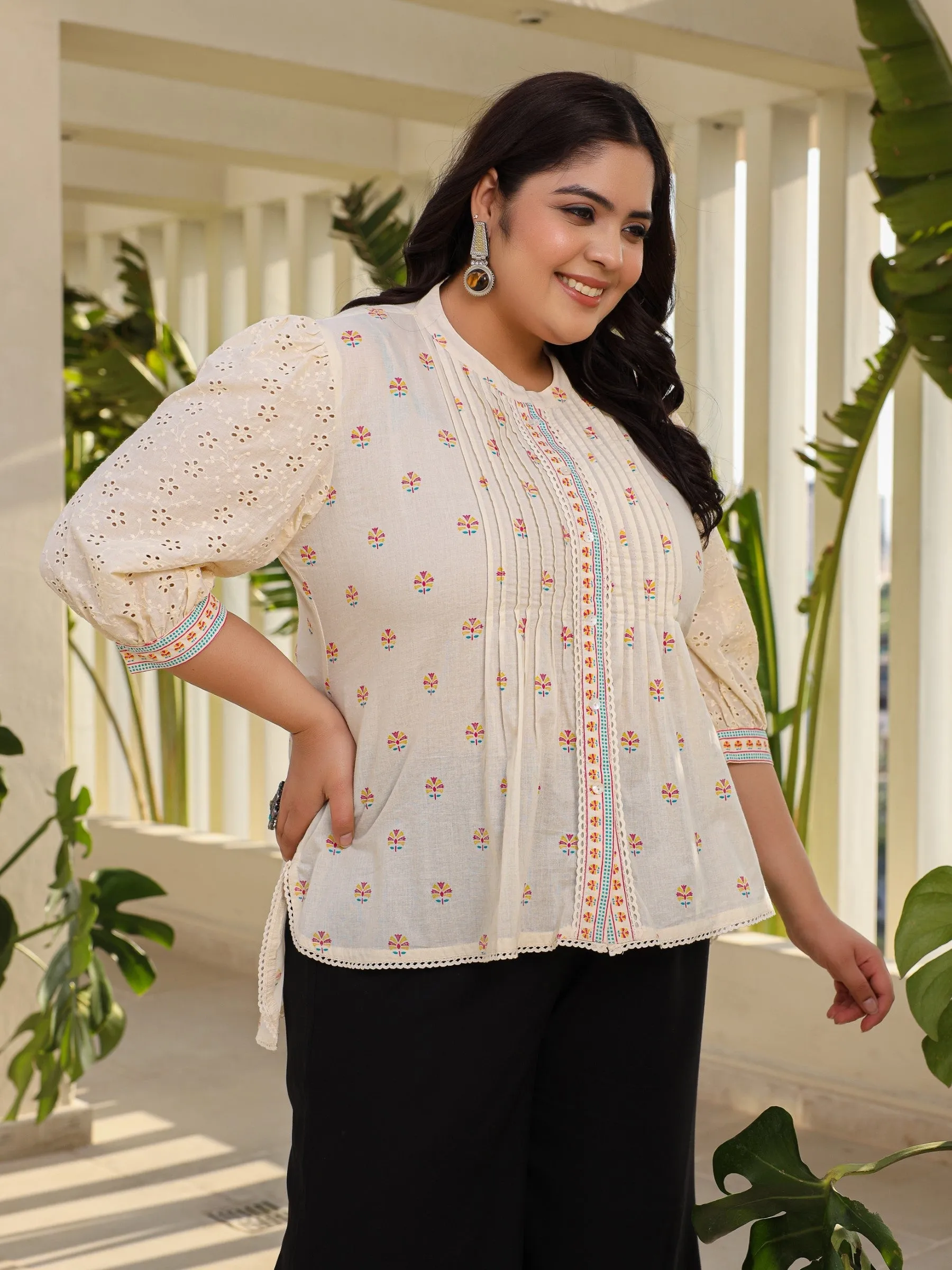 Jashvi Off-White Ethnic Motif Printed Cotton Plus Size High-Low Tunic With Pintucks & Lace