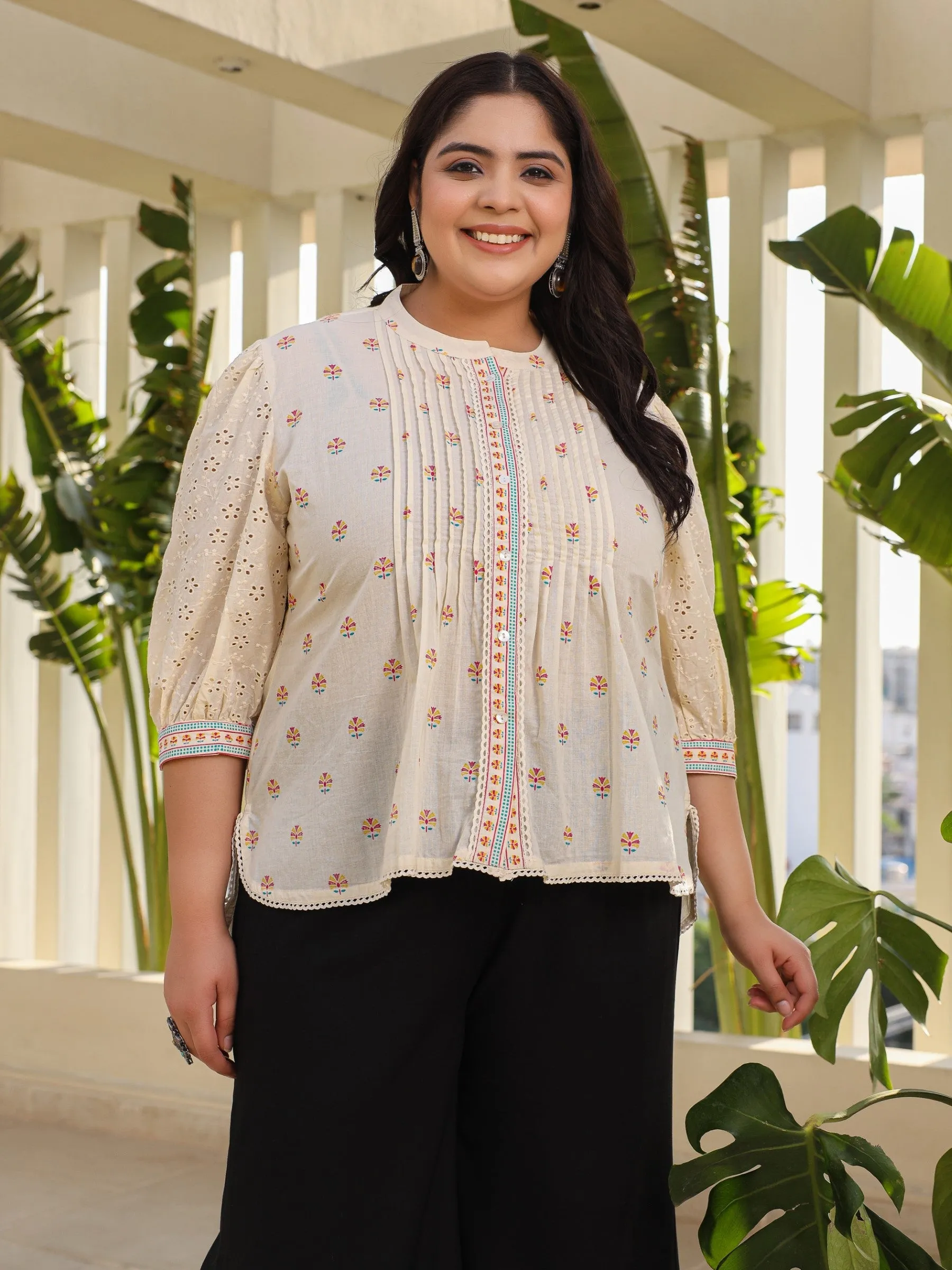 Jashvi Off-White Ethnic Motif Printed Cotton Plus Size High-Low Tunic With Pintucks & Lace