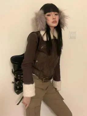 Joskaa Japanese Y2k Fur Coat Women American Retro Brown Knitted Jacket Vintage Korean Style Zipper  Winter 2000s Aesthetics