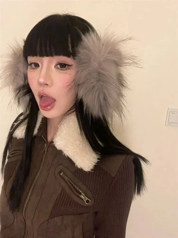 Joskaa Japanese Y2k Fur Coat Women American Retro Brown Knitted Jacket Vintage Korean Style Zipper  Winter 2000s Aesthetics