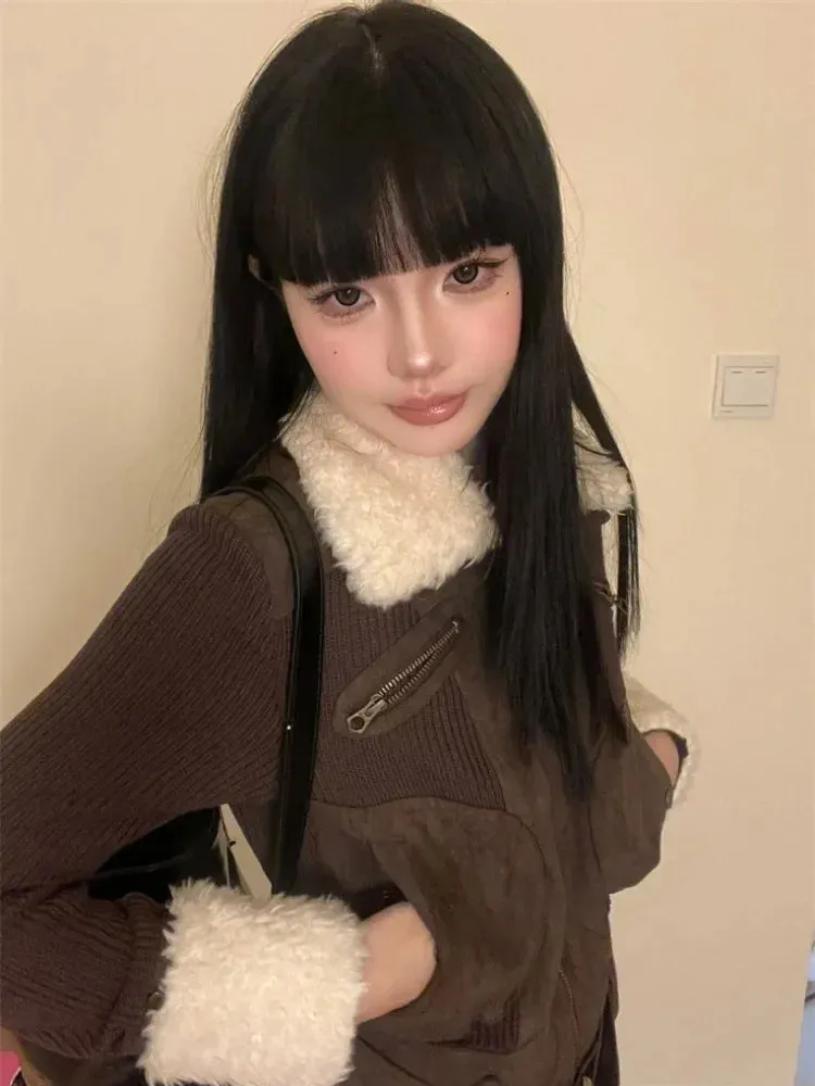 Joskaa Japanese Y2k Fur Coat Women American Retro Brown Knitted Jacket Vintage Korean Style Zipper  Winter 2000s Aesthetics