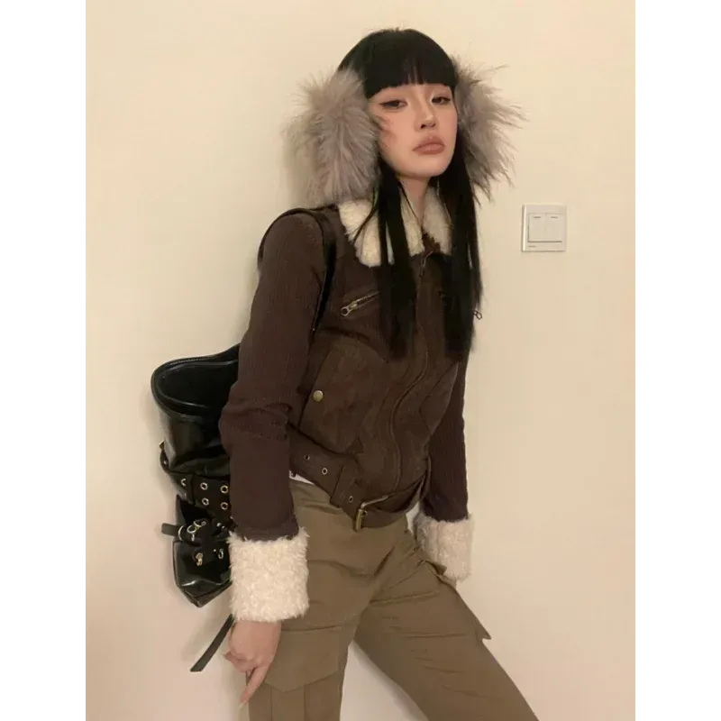 Joskaa Japanese Y2k Fur Coat Women American Retro Brown Knitted Jacket Vintage Korean Style Zipper  Winter 2000s Aesthetics