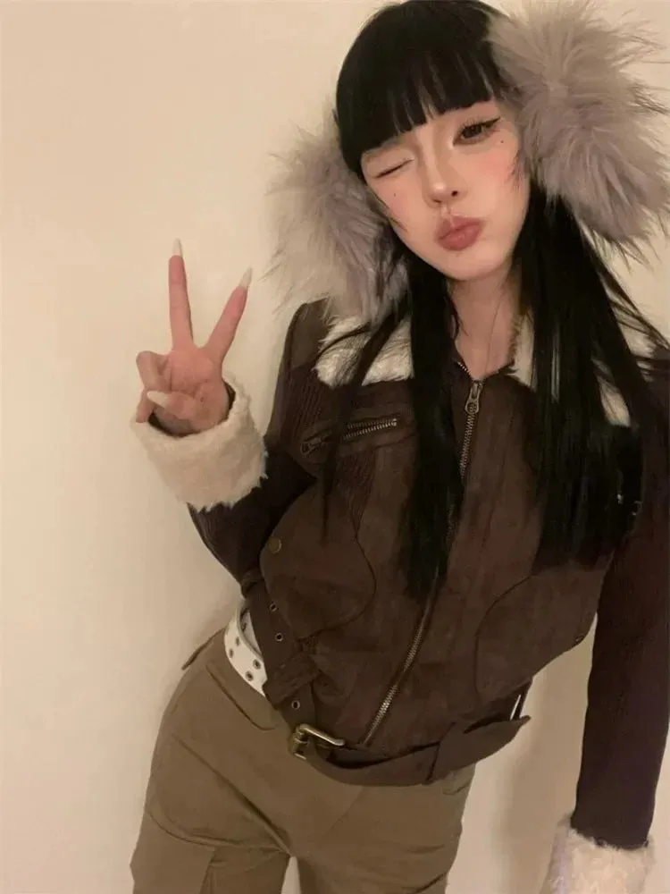 Joskaa Japanese Y2k Fur Coat Women American Retro Brown Knitted Jacket Vintage Korean Style Zipper  Winter 2000s Aesthetics