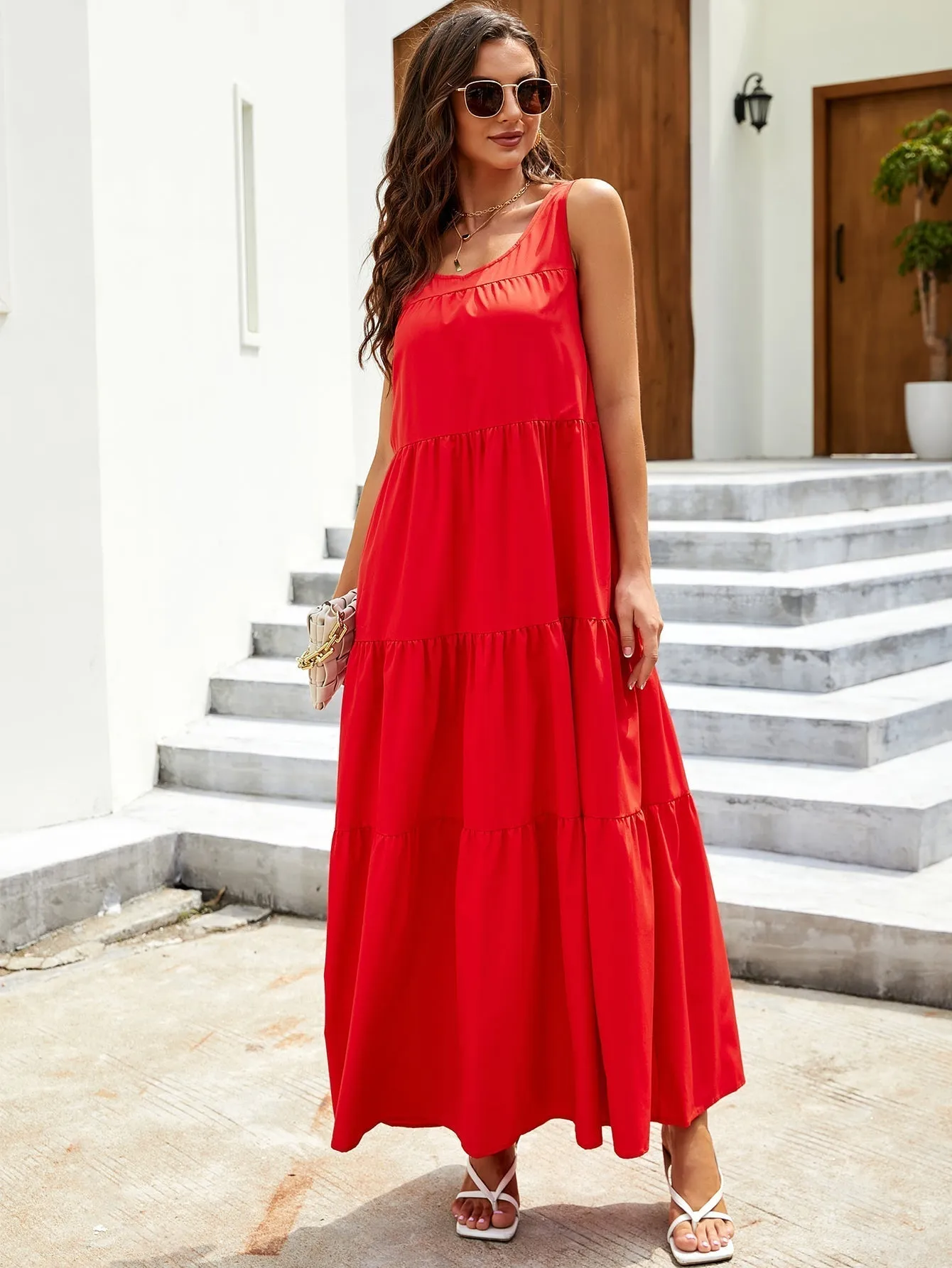 KittenAlarm - Solid Ruffle Hem Tank Maxi Dress