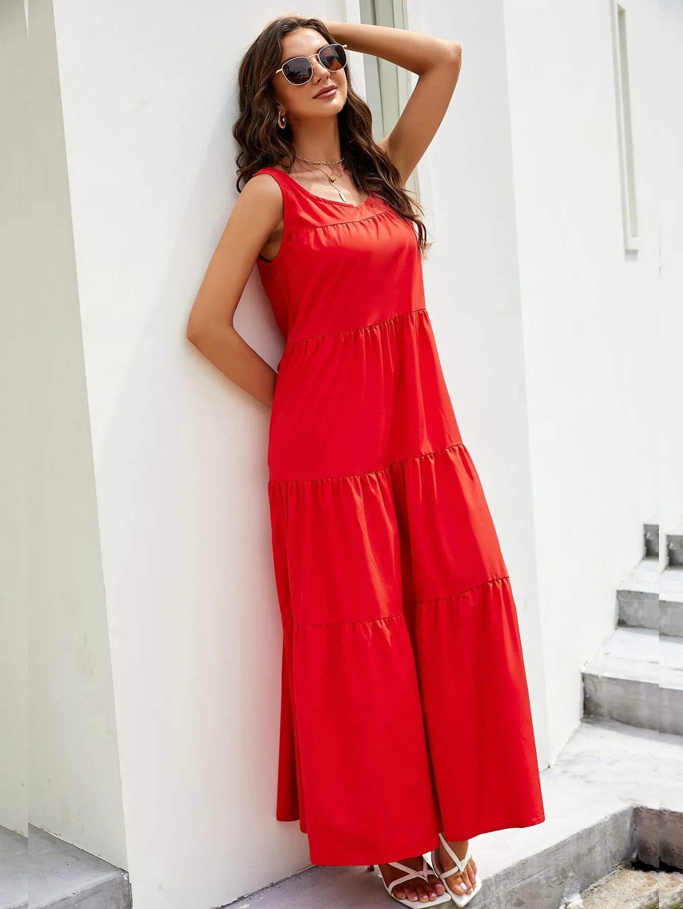 KittenAlarm - Solid Ruffle Hem Tank Maxi Dress