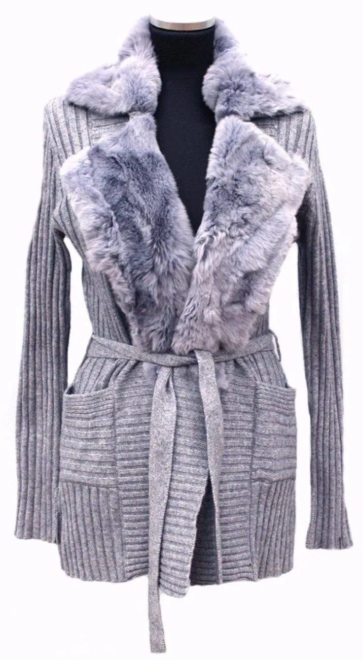 Knit Ribbed Sweater with Rex Rabbit Fur Envelope Collar-Light Grey