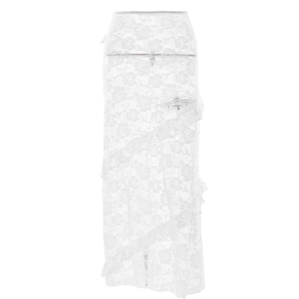 Lace irregular ruffle see through solid low rise maxi skirt