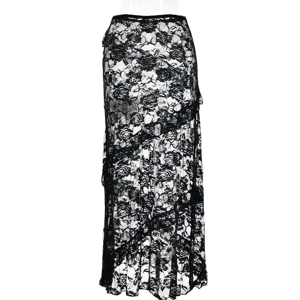 Lace irregular ruffle see through solid low rise maxi skirt