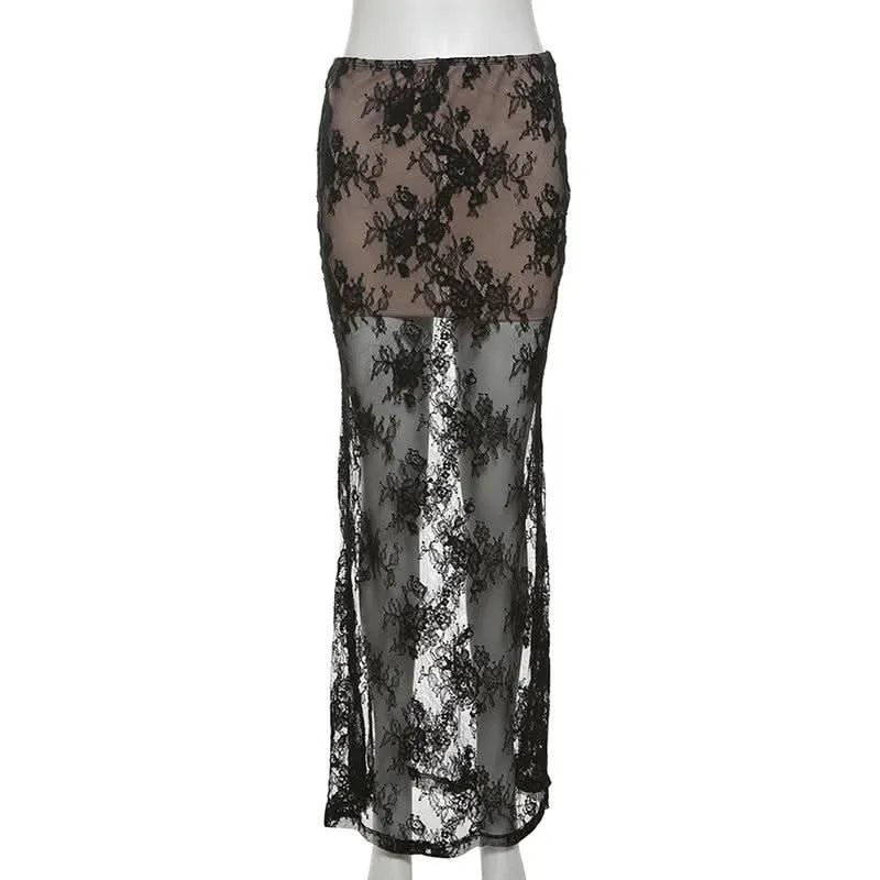 Lace mesh patchwork maxi skirt