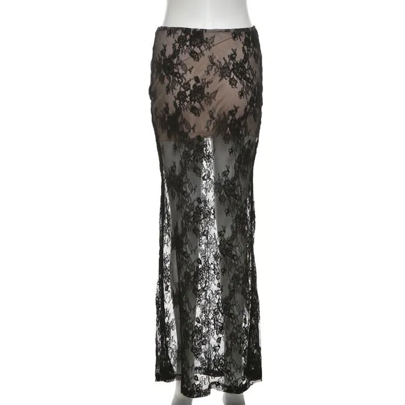 Lace mesh patchwork maxi skirt