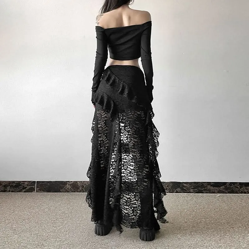 Lace ruffle solid irregular maxi skirt