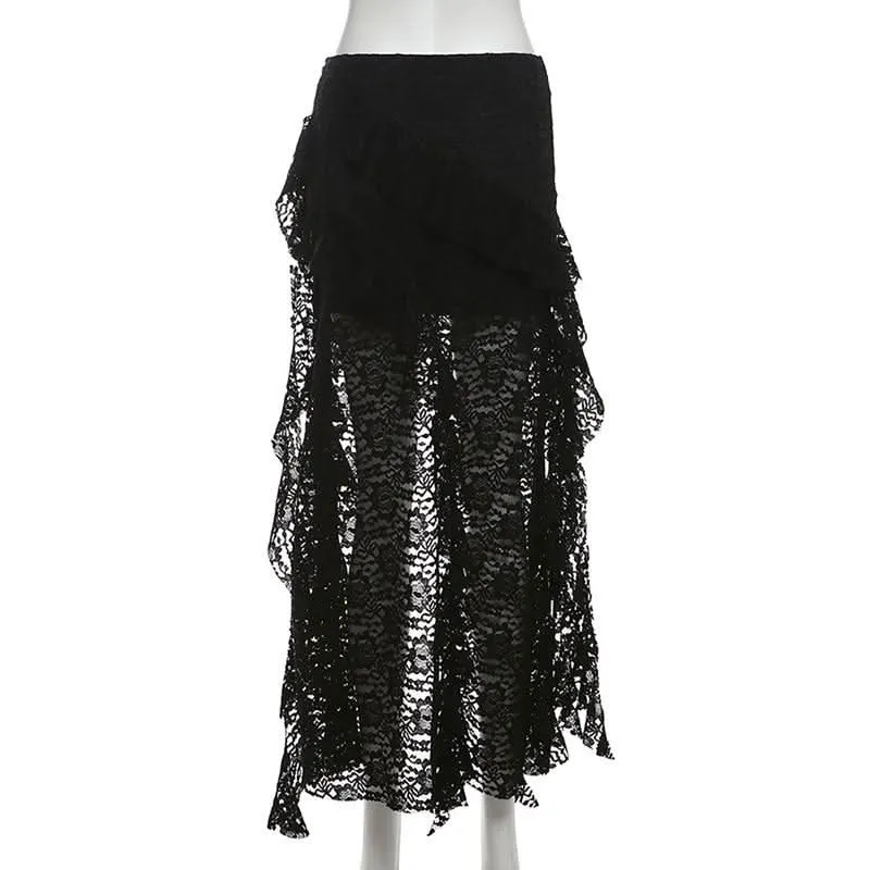 Lace ruffle solid irregular maxi skirt