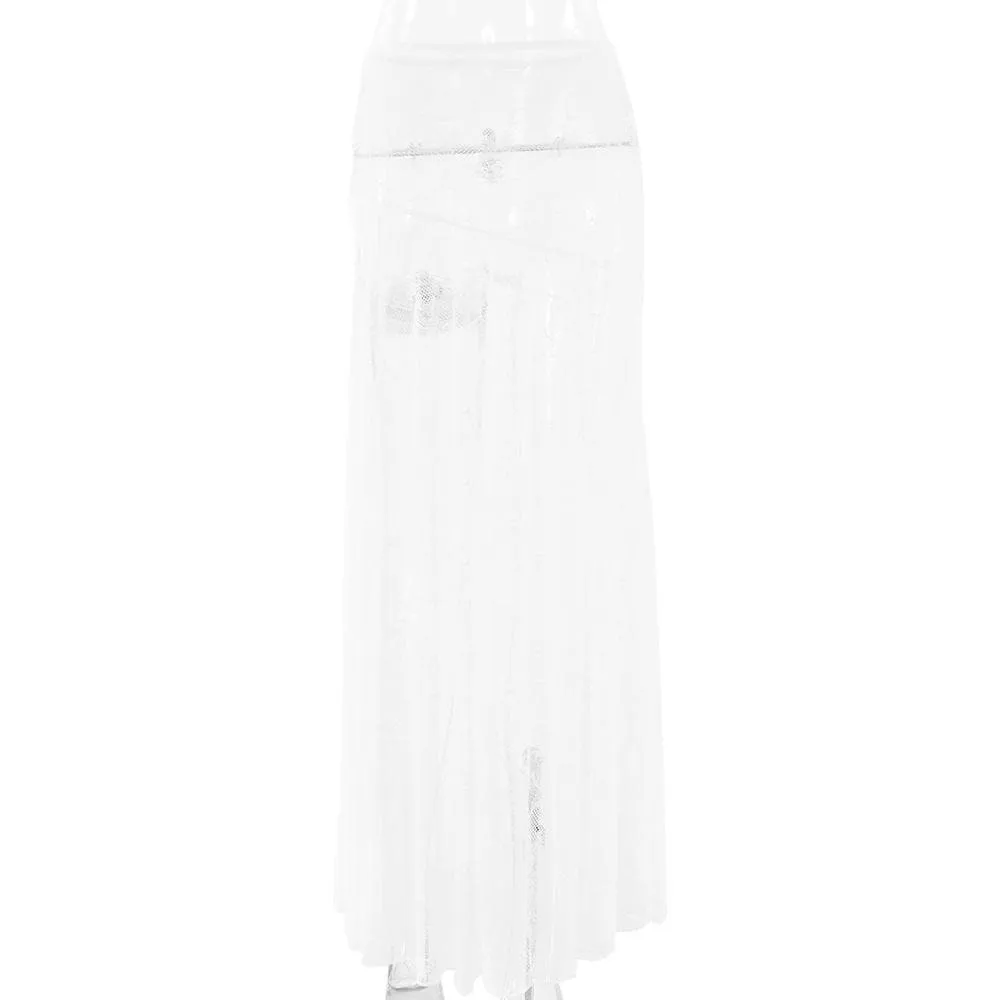 Lace see through solid stitch maxi skirt