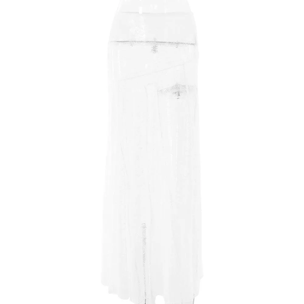 Lace see through solid stitch maxi skirt