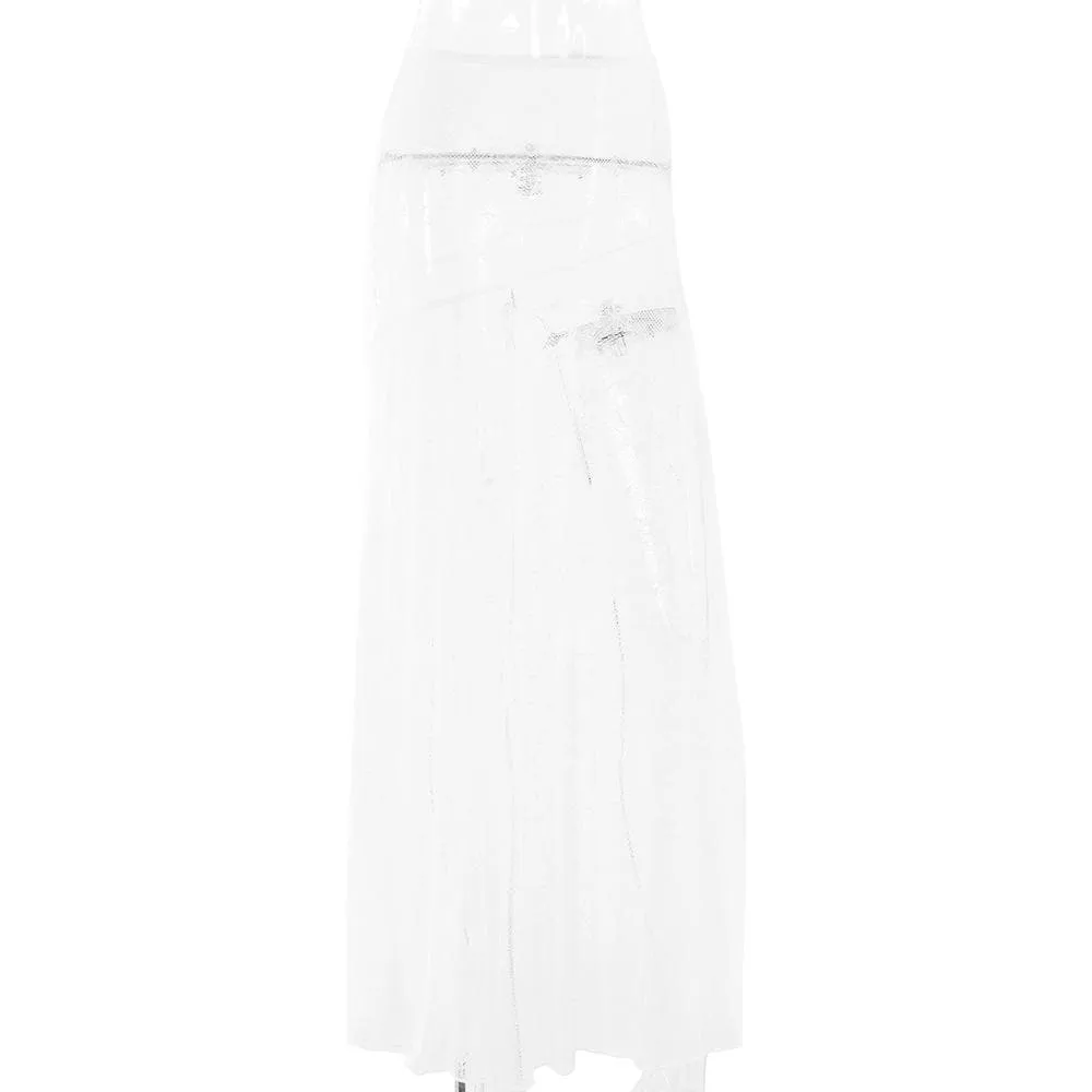 Lace see through solid stitch maxi skirt