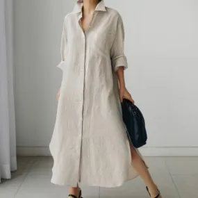 Ladies Knee Length Slit Autumn Shirt Dress with Rolled-up Sleeves