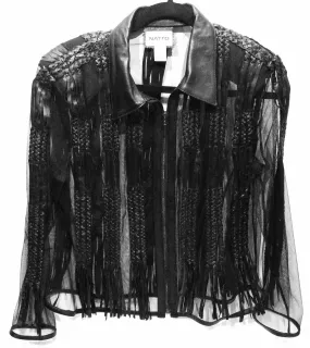 Laser cut genuine lamb skin jacket with braided pattern and fringe