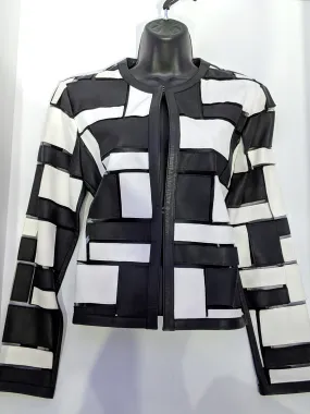 Leather Jacket Black and White Color Blocked