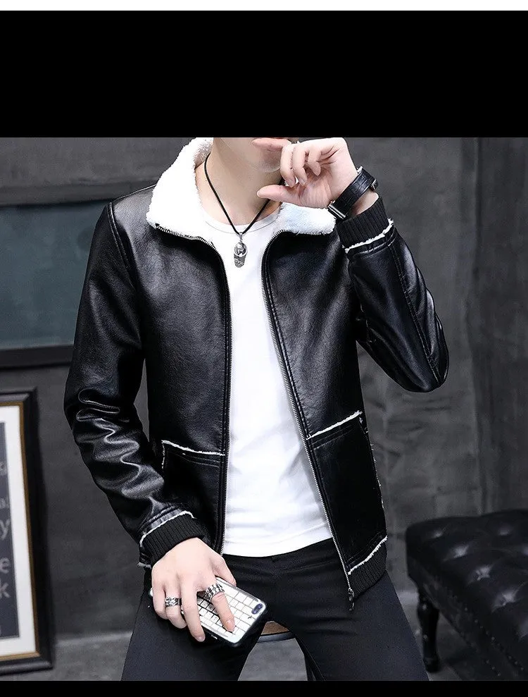 Leather plus fleece jacket male lamb cashmere tide